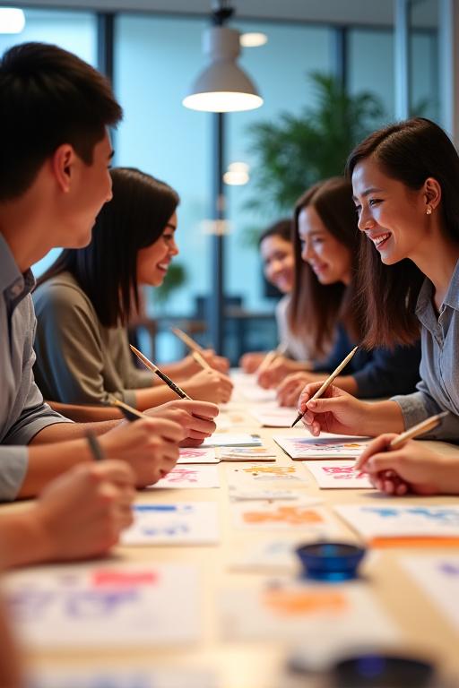 Corporate team participating in calligraphy workshop
